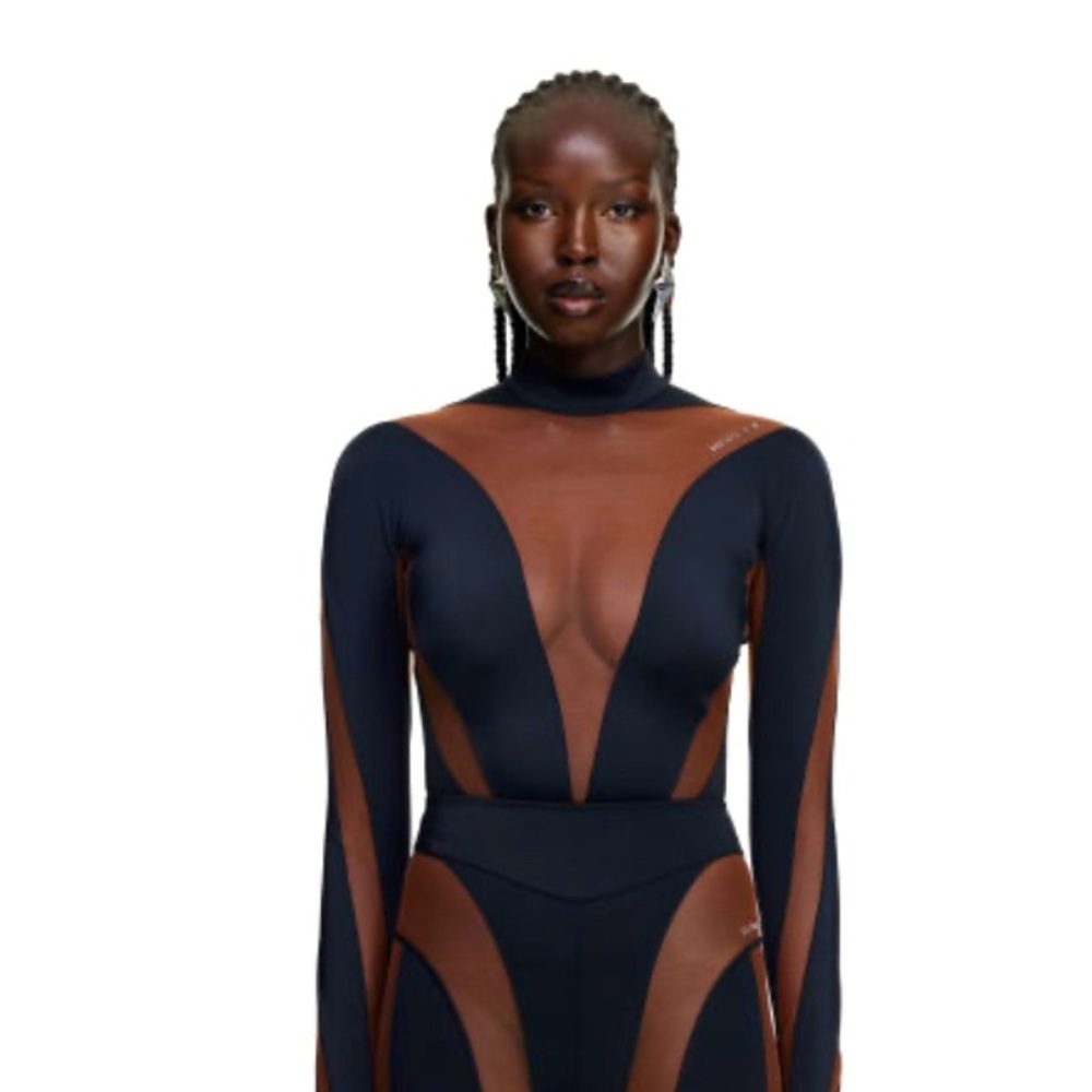 MUGLER x H&M Women’s Mesh-Paneled Bodysuit in Dark brown/black